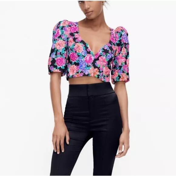 Zara Floral Cropped Puff Sleeve Top Cottage Festival XL - Picture 1 of 7